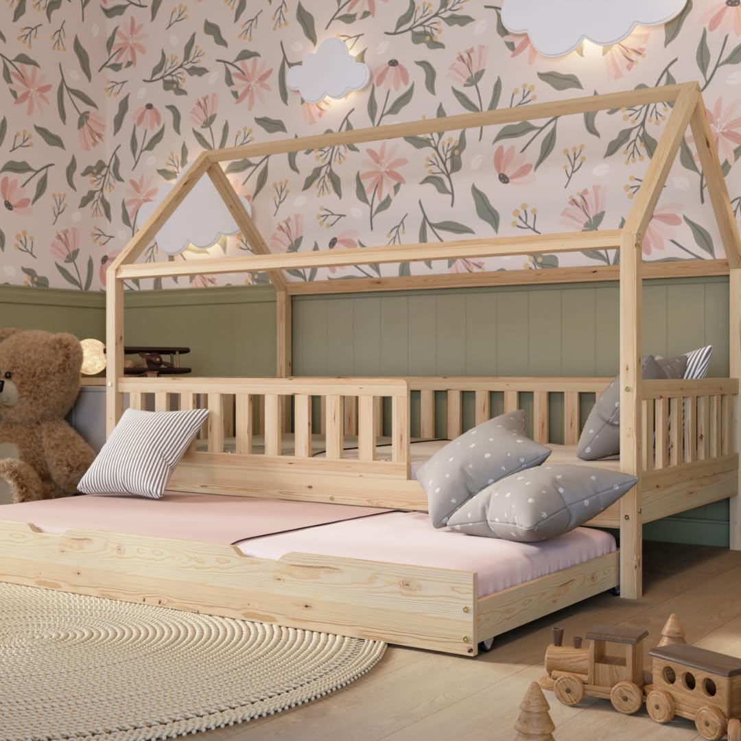 Crazy Pine Hausbett Kinderbett aus Massivholz – Montessori Bodenbett mit Rausfallschutz & Schubladen, Skandinavisches Kinderzimmer Bett