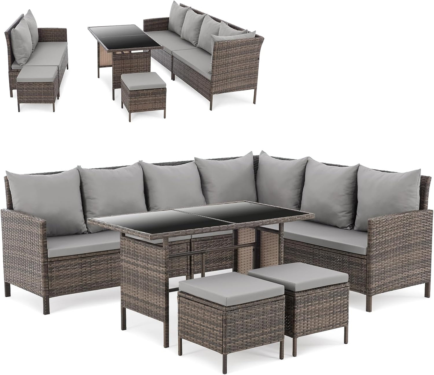 SVITA Madison Rattan Lounge Ecksofa Set Braun, Polyrattan Gartenmöbel mit Tisch & Kissen