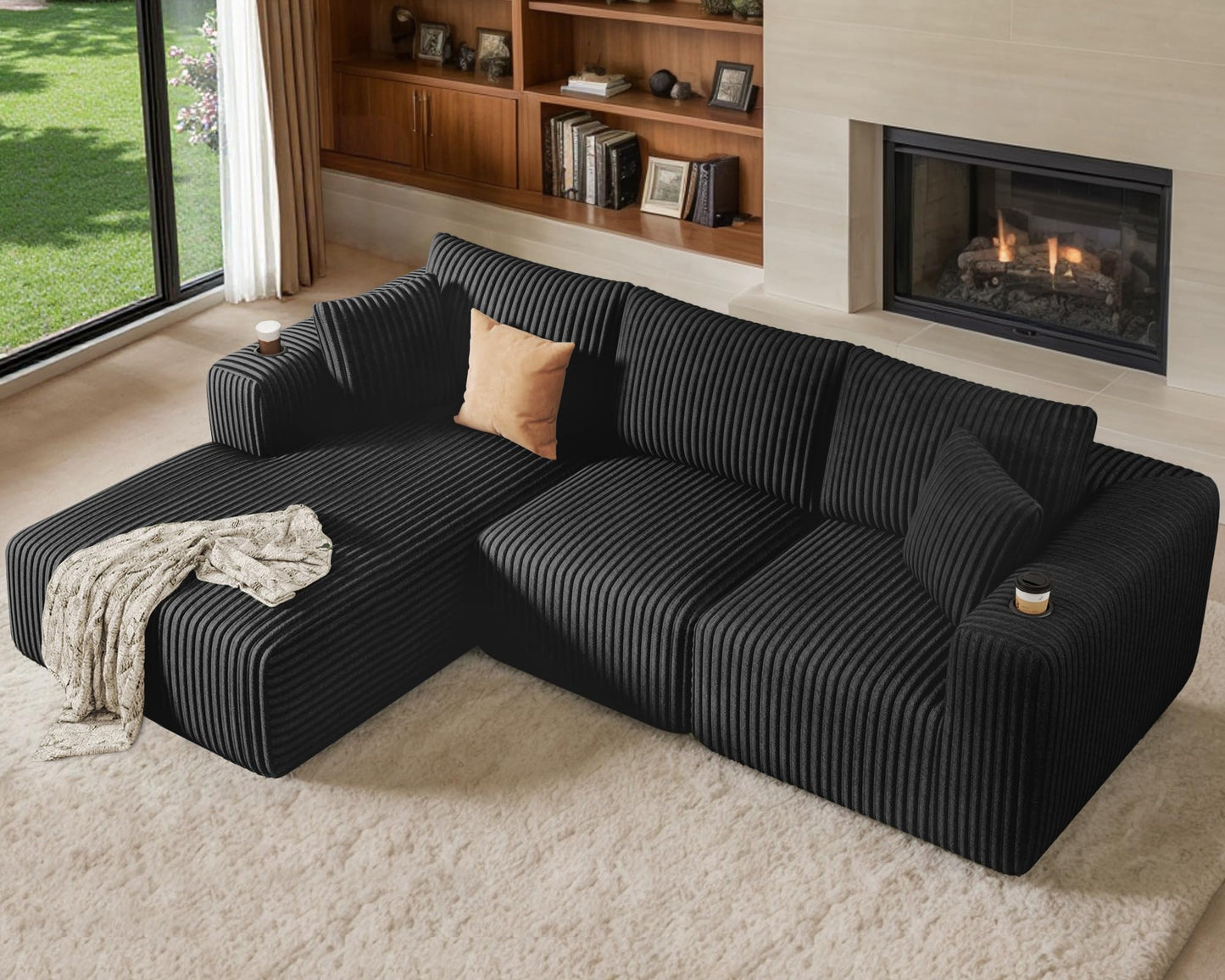 DURASPACE Cord Modulares L-Form Sofa mit Schlaffunktion, Memory-Schaum Cloud Couch mit tiefer Sitzfläche, Getränkehalter