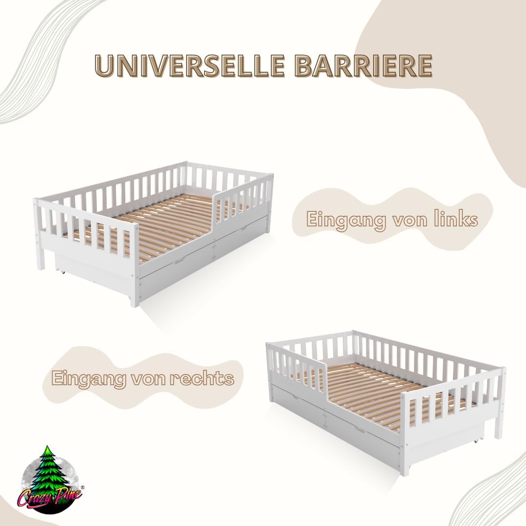 Crazy Pine Montessori Kinderbett mit Schubladen – Massivholz Bodenbett mit Rausfallschutz, Skandinavisches Design