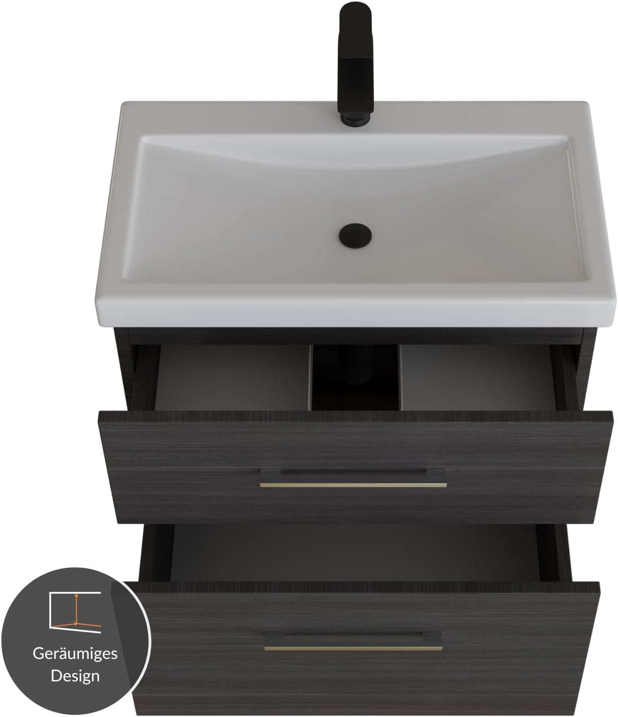 Planetmöbel Badmöbel Set 63 cm Anthrazit mit Keramik Waschbecken, Spiegelschrank 60 cm LED & Steckdose, Modern