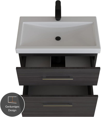 Planetmöbel Badmöbel Set 63 cm Anthrazit mit Keramik Waschbecken, Spiegelschrank 60 cm LED & Steckdose, Modern