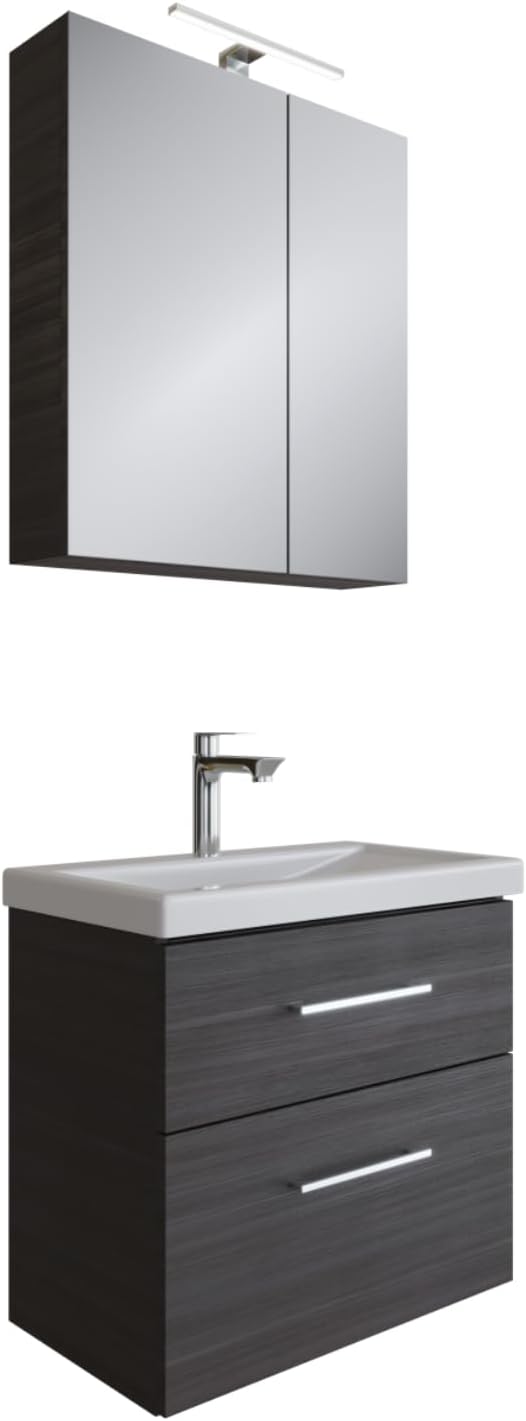 Planetmöbel Badmöbel Set 63 cm Anthrazit mit Keramik Waschbecken, Spiegelschrank 60 cm LED & Steckdose, Modern