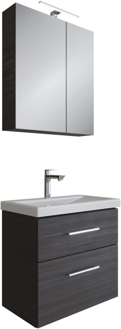 Planetmöbel Badmöbel Set 63 cm Anthrazit mit Keramik Waschbecken, Spiegelschrank 60 cm LED & Steckdose, Modern