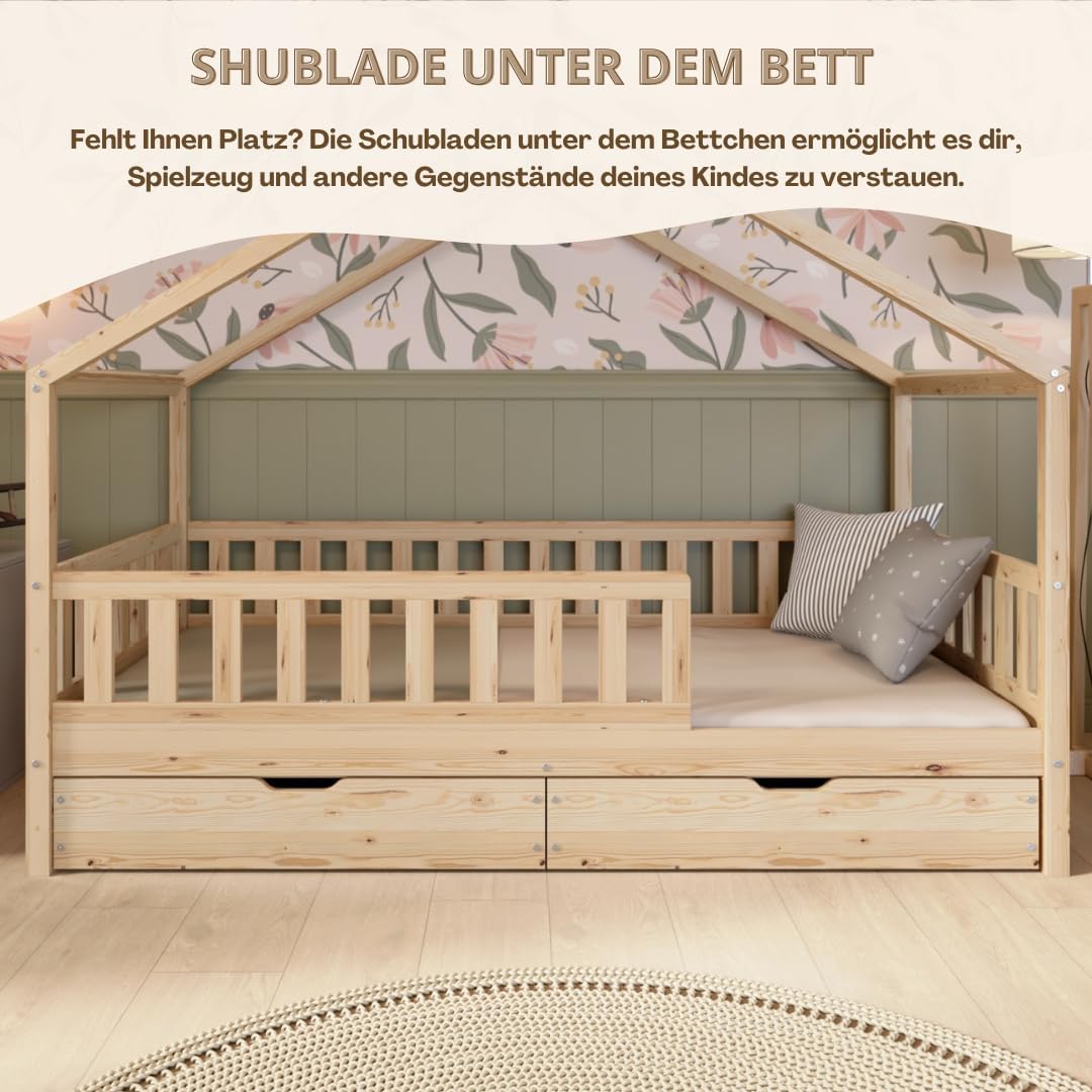 Crazy Pine Hausbett Kinderbett aus Massivholz mit Rausfallschutz & Schubladen – Montessori Bodenbett Kinderzimmer Skandinavisches Design