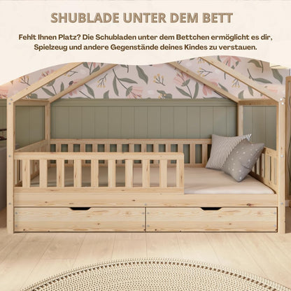 Crazy Pine Hausbett Kinderbett aus Massivholz mit Rausfallschutz & Schubladen – Montessori Bodenbett Kinderzimmer Skandinavisches Design