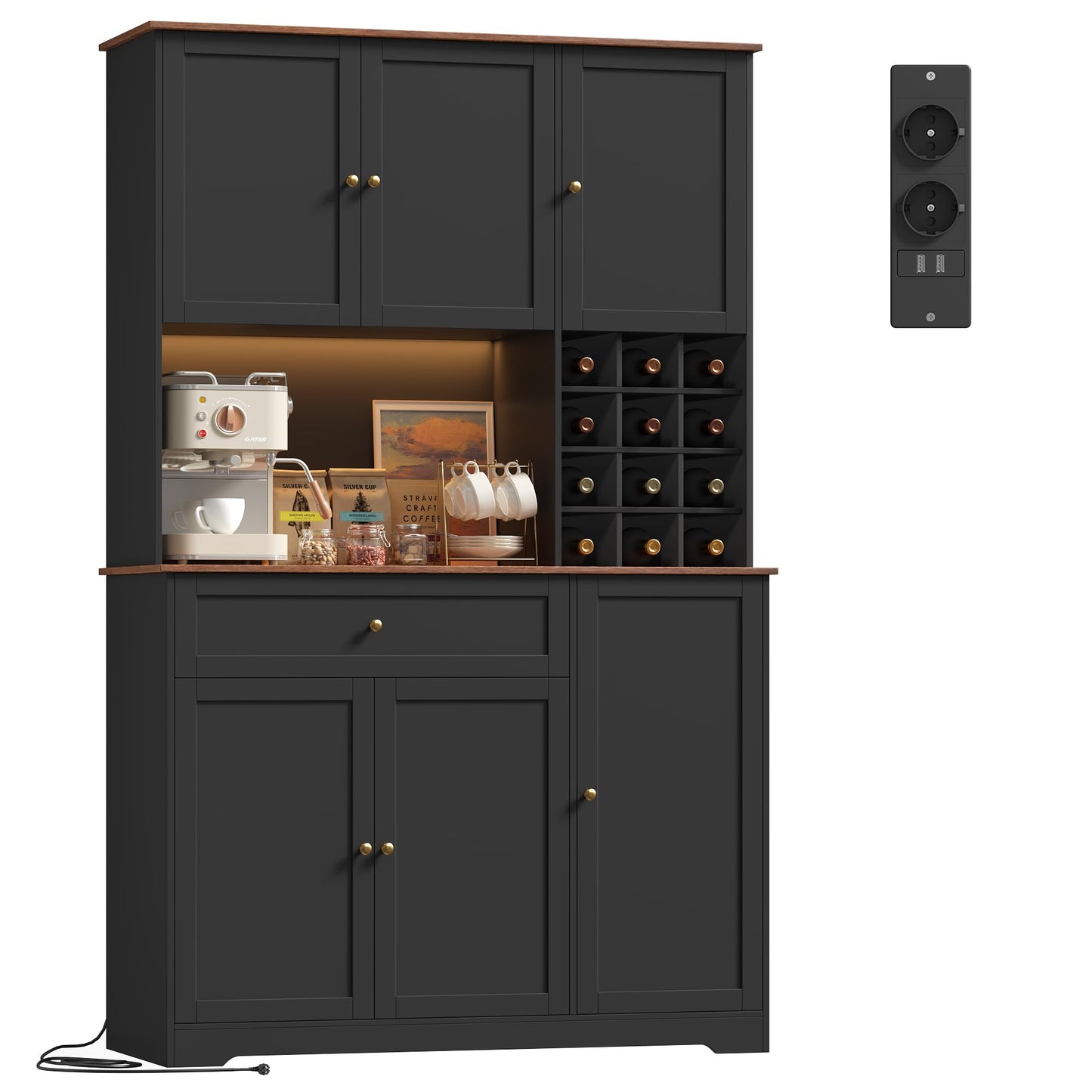 FirFurd Küchenschrank 180 cm mit LED, Steckdose & Weinregal, 100x39x180 cm