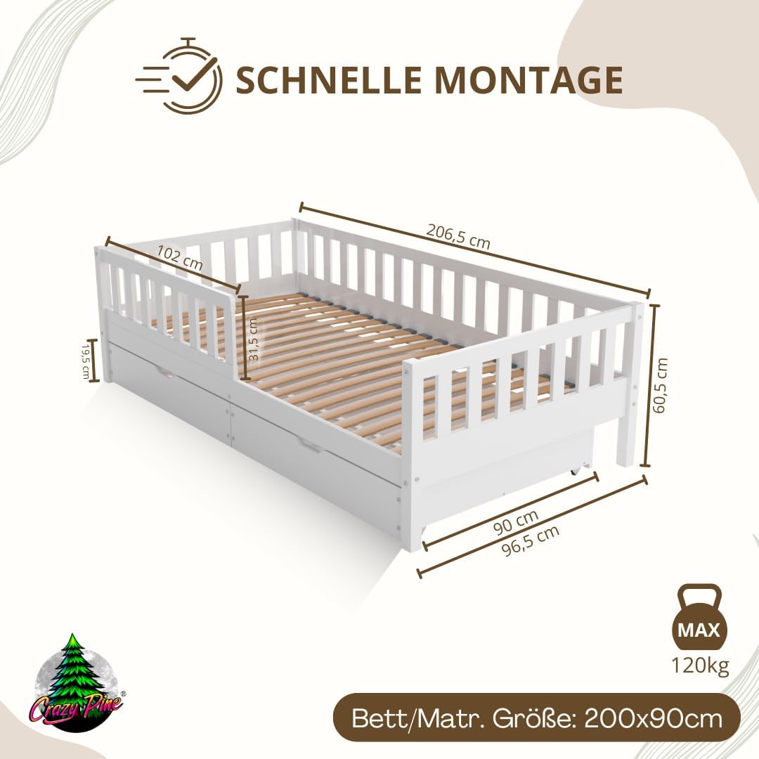 Crazy Pine Montessori Kinderbett mit Schubladen – Massivholz Bodenbett mit Rausfallschutz, Skandinavisches Design