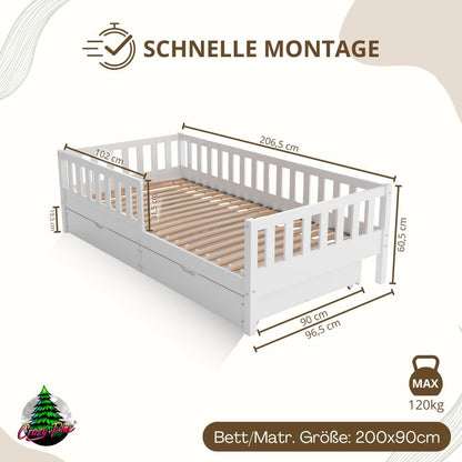 Crazy Pine Montessori Kinderbett mit Schubladen – Massivholz Bodenbett mit Rausfallschutz, Skandinavisches Design