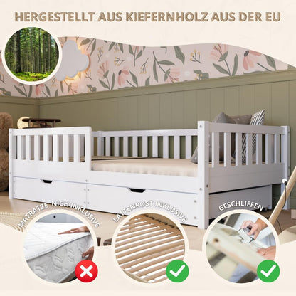 Crazy Pine Montessori Kinderbett mit Schubladen – Massivholz Bodenbett mit Rausfallschutz, Skandinavisches Design