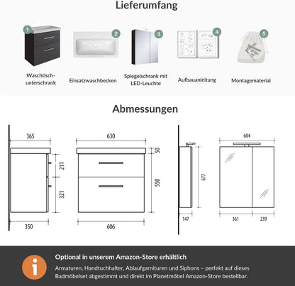 Planetmöbel Badmöbel Set 63 cm Anthrazit mit Keramik Waschbecken, Spiegelschrank 60 cm LED & Steckdose, Modern