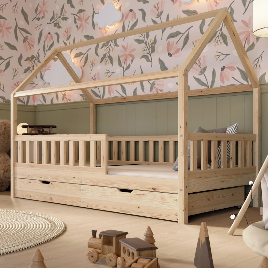 Crazy Pine Hausbett Kinderbett aus Massivholz – Montessori Bodenbett mit Rausfallschutz & Schubladen, Skandinavisches Kinderzimmer Bett