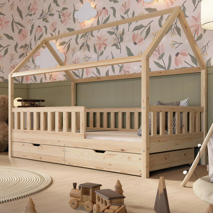 Crazy Pine Hausbett Kinderbett aus Massivholz – Montessori Bodenbett mit Rausfallschutz & Schubladen, Skandinavisches Kinderzimmer Bett