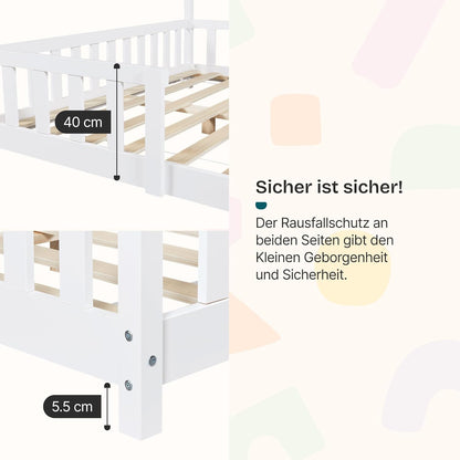 [en.casa] Kinder Hausbett aus Kiefernholz mit Lattenrost & Matratze, Montessori Kinderbett mit Rausfallschutz, stabiles Spielbett für Kinderzimmer