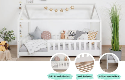 TiCAA Kay Kinderbett Hausbett aus Kiefer Massivholz mit Lattenrost & Rausfallschutz – Montessori Bodenbett für Kinderzimmer