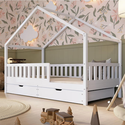 Crazy Pine Hausbett Kinderbett aus Massivholz mit Rausfallschutz & Schubladen – Montessori Bodenbett Kinderzimmer Skandinavisches Design