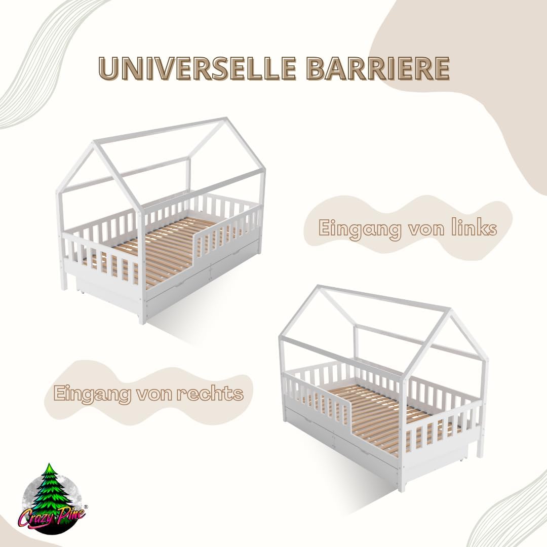 Crazy Pine Hausbett Kinderbett aus Massivholz – Montessori Bodenbett mit Rausfallschutz & Schubladen, Skandinavisches Kinderzimmer Bett
