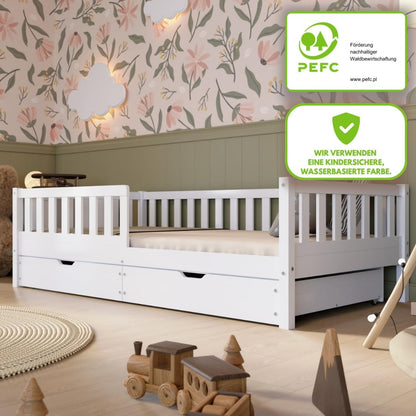 Crazy Pine Montessori Kinderbett mit Schubladen – Massivholz Bodenbett mit Rausfallschutz, Skandinavisches Design