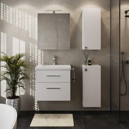 Planetmöbel Badmöbel Set 63 cm Anthrazit mit Keramik Waschbecken, Spiegelschrank 60 cm LED & Steckdose, Modern