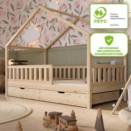 Crazy Pine Hausbett Kinderbett aus Massivholz mit Rausfallschutz & Schubladen – Montessori Bodenbett Kinderzimmer Skandinavisches Design