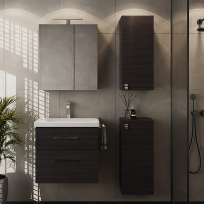 Planetmöbel Badmöbel Set 63 cm Anthrazit mit Keramik Waschbecken, Spiegelschrank 60 cm LED & Steckdose, Modern