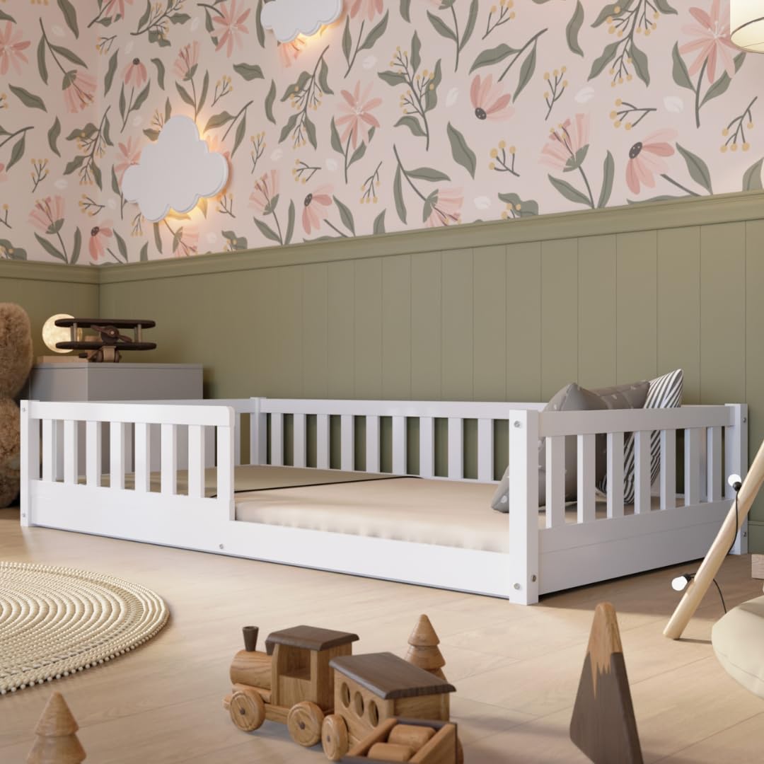 Crazy Pine Montessori Kinderbett mit Schubladen – Massivholz Bodenbett mit Rausfallschutz, Skandinavisches Design