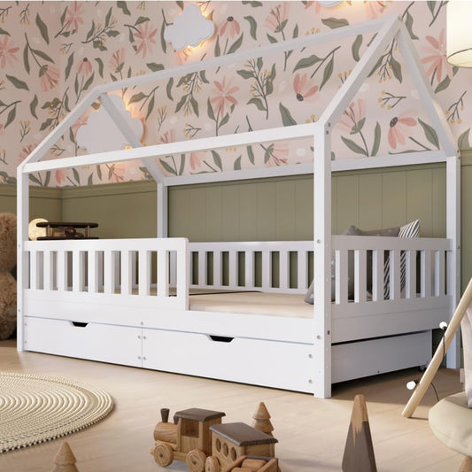 Crazy Pine Hausbett Kinderbett aus Massivholz – Montessori Bodenbett mit Rausfallschutz & Schubladen, Skandinavisches Kinderzimmer Bett