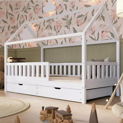 Crazy Pine Hausbett Kinderbett aus Massivholz – Montessori Bodenbett mit Rausfallschutz & Schubladen, Skandinavisches Kinderzimmer Bett