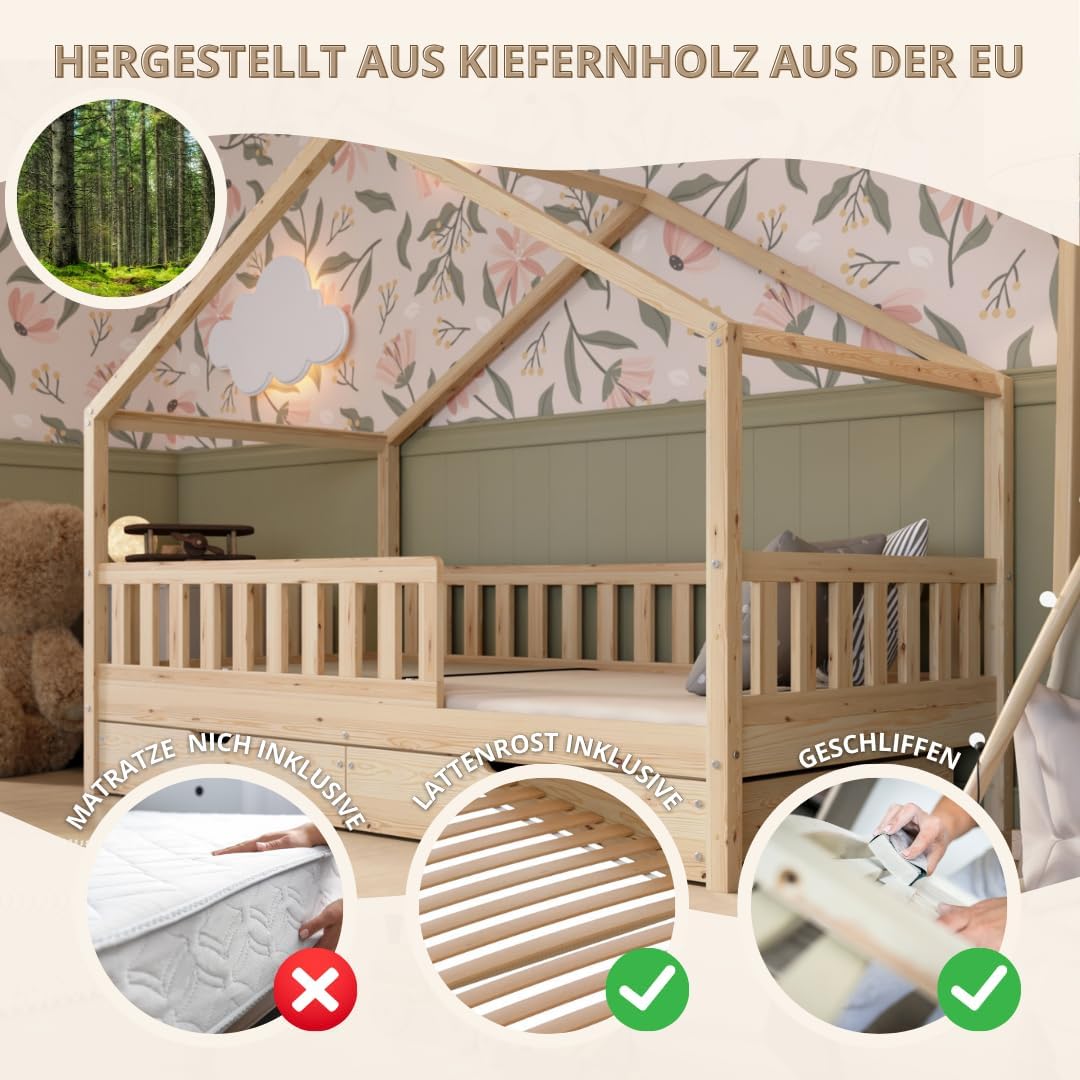 Crazy Pine Hausbett Kinderbett aus Massivholz mit Rausfallschutz & Schubladen – Montessori Bodenbett Kinderzimmer Skandinavisches Design