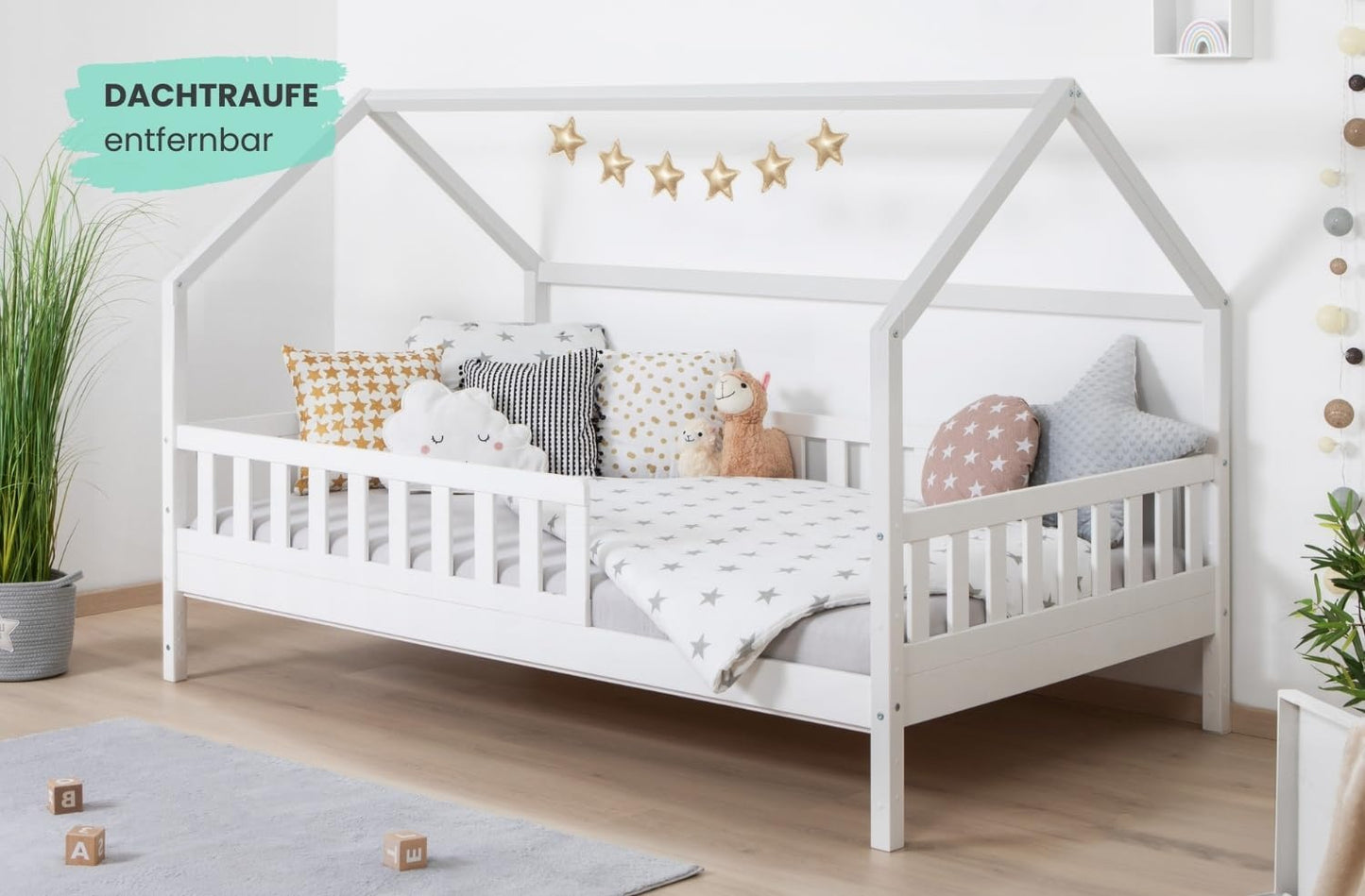 TiCAA Kay Kinderbett Hausbett aus Kiefer Massivholz mit Lattenrost & Rausfallschutz – Montessori Bodenbett für Kinderzimmer