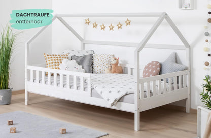 TiCAA Kay Kinderbett Hausbett aus Kiefer Massivholz mit Lattenrost & Rausfallschutz – Montessori Bodenbett für Kinderzimmer