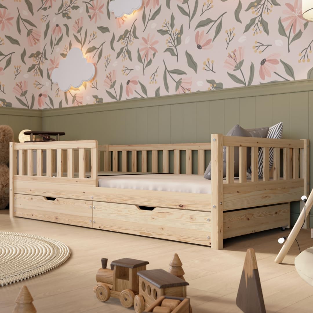 Crazy Pine Montessori Kinderbett mit Schubladen – Massivholz Bodenbett mit Rausfallschutz, Skandinavisches Design
