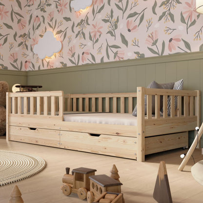 Crazy Pine Montessori Kinderbett mit Schubladen – Massivholz Bodenbett mit Rausfallschutz, Skandinavisches Design