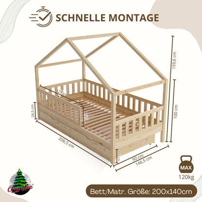 Crazy Pine Hausbett Kinderbett aus Massivholz mit Rausfallschutz & Schubladen – Montessori Bodenbett Kinderzimmer Skandinavisches Design