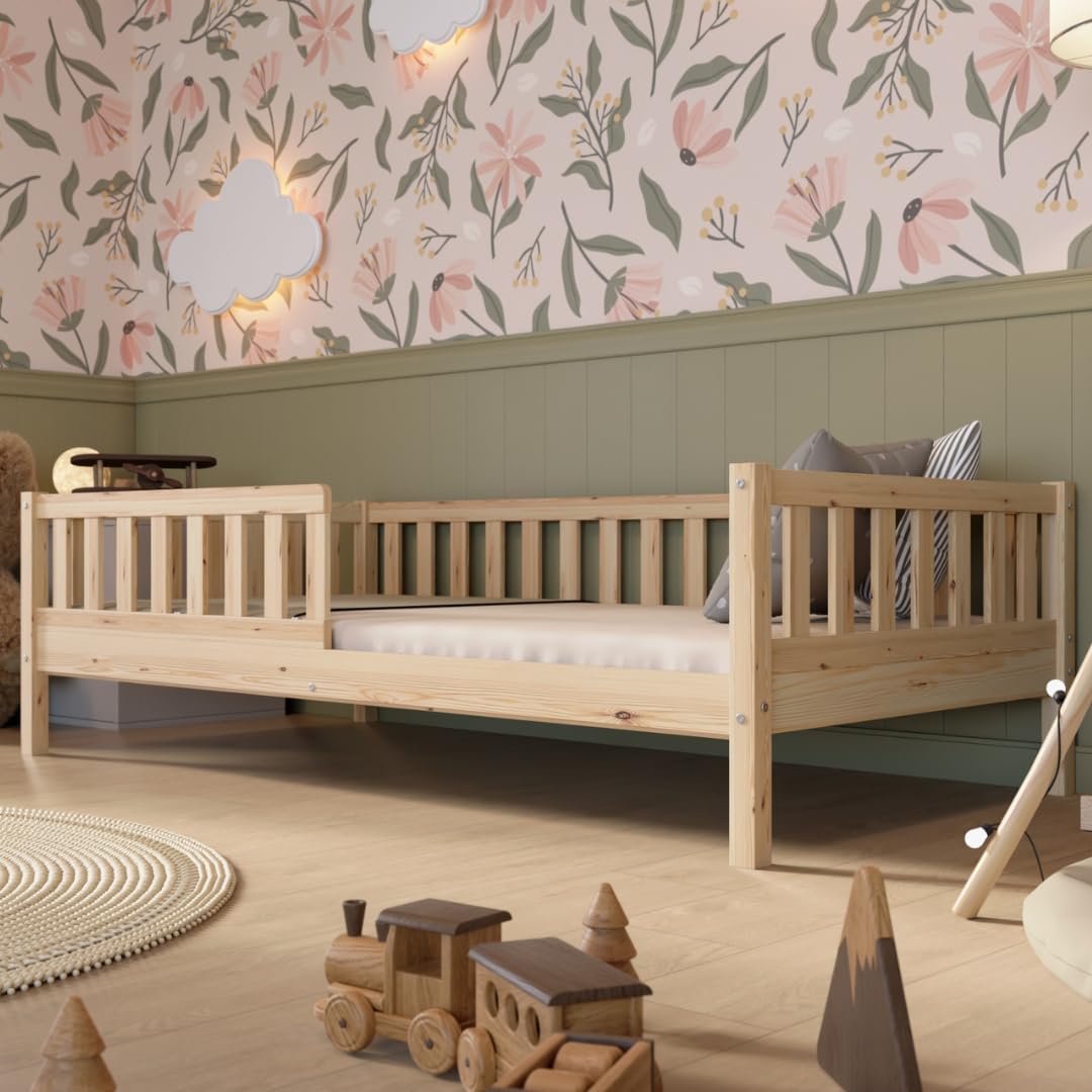 Crazy Pine Montessori Kinderbett mit Schubladen – Massivholz Bodenbett mit Rausfallschutz, Skandinavisches Design