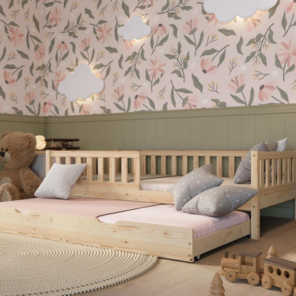 Crazy Pine Montessori Kinderbett mit Schubladen – Massivholz Bodenbett mit Rausfallschutz, Skandinavisches Design