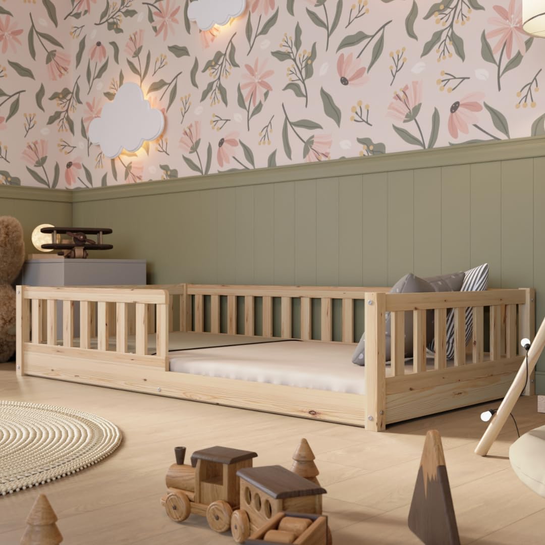 Crazy Pine Montessori Kinderbett mit Schubladen – Massivholz Bodenbett mit Rausfallschutz, Skandinavisches Design