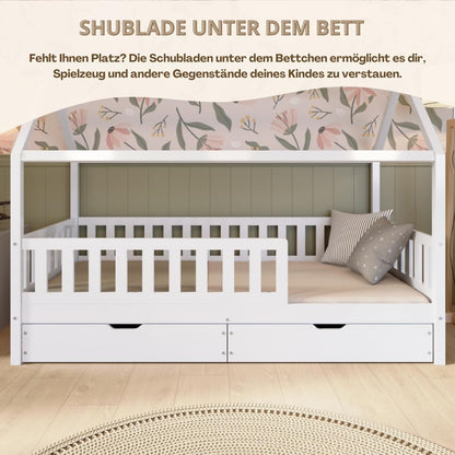 Crazy Pine Hausbett Kinderbett aus Massivholz – Montessori Bodenbett mit Rausfallschutz & Schubladen, Skandinavisches Kinderzimmer Bett