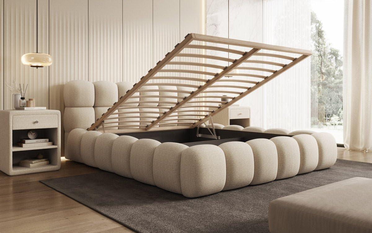 Luxusbetten24 Polsterbett Boston 140x200 cm Bouclé Beige – Bett mit Stauraum und Lattenrost