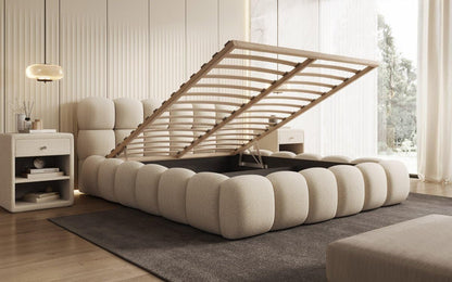Luxusbetten24 Polsterbett Boston 140x200 cm Bouclé Beige – Bett mit Stauraum und Lattenrost