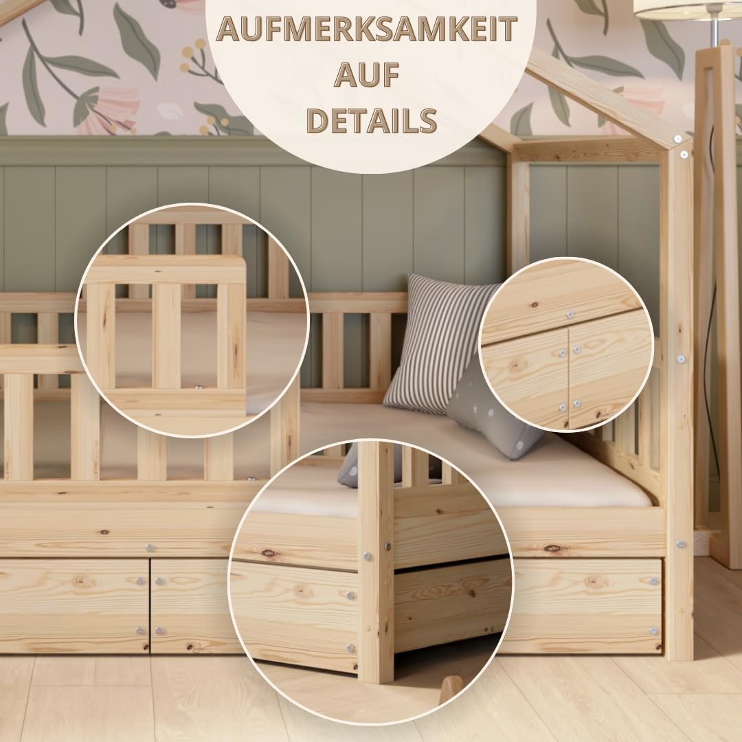 Crazy Pine Hausbett Kinderbett aus Massivholz mit Rausfallschutz & Schubladen – Montessori Bodenbett Kinderzimmer Skandinavisches Design