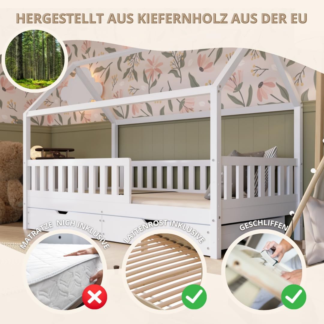 Crazy Pine Hausbett Kinderbett aus Massivholz – Montessori Bodenbett mit Rausfallschutz & Schubladen, Skandinavisches Kinderzimmer Bett