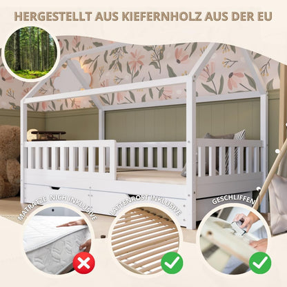 Crazy Pine Hausbett Kinderbett aus Massivholz – Montessori Bodenbett mit Rausfallschutz & Schubladen, Skandinavisches Kinderzimmer Bett