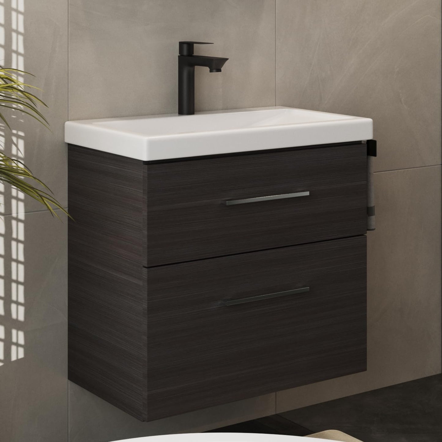 Planetmöbel Badmöbel Set 63 cm Anthrazit mit Keramik Waschbecken, Spiegelschrank 60 cm LED & Steckdose, Modern