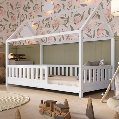 Crazy Pine Hausbett Kinderbett aus Massivholz – Montessori Bodenbett mit Rausfallschutz & Schubladen, Skandinavisches Kinderzimmer Bett