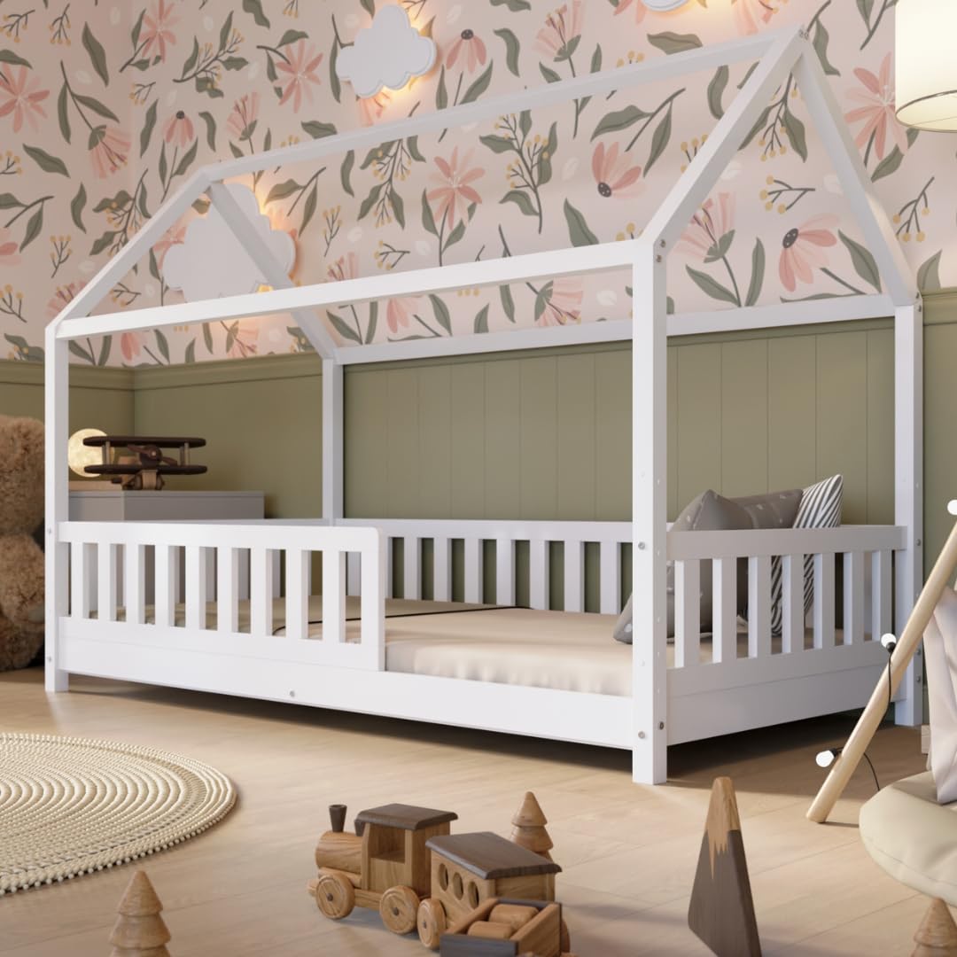 Crazy Pine Hausbett Kinderbett aus Massivholz – Montessori Bodenbett mit Rausfallschutz & Schubladen, Skandinavisches Kinderzimmer Bett