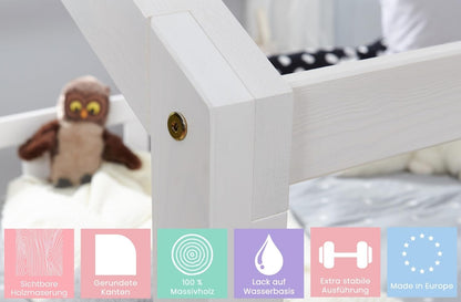 TiCAA Kay Kinderbett Hausbett aus Kiefer Massivholz mit Lattenrost & Rausfallschutz – Montessori Bodenbett für Kinderzimmer
