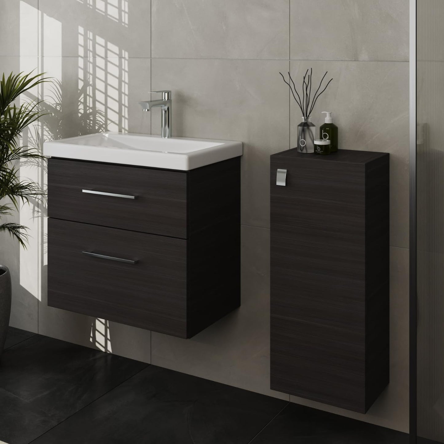 Planetmöbel Badmöbel Set 63 cm Anthrazit mit Keramik Waschbecken, Spiegelschrank 60 cm LED & Steckdose, Modern
