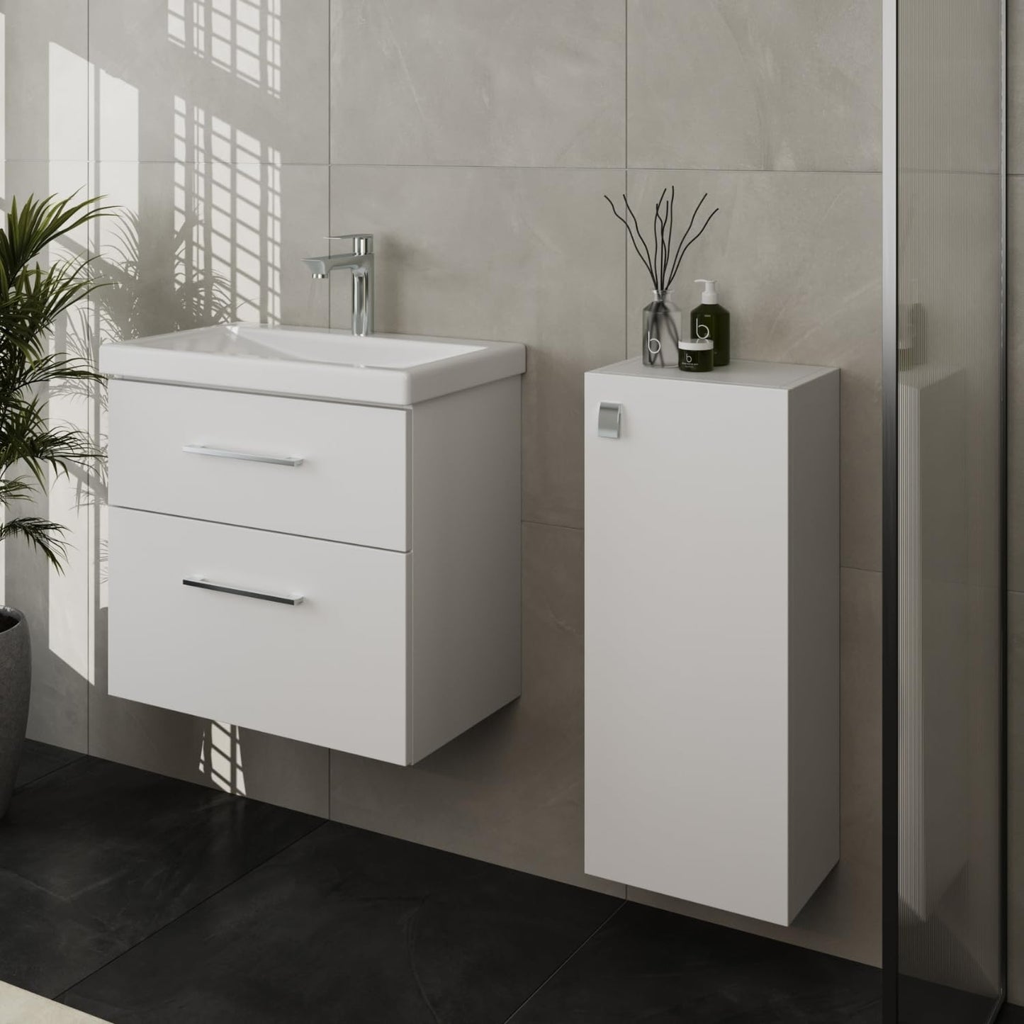 Planetmöbel Badmöbel Set 63 cm Anthrazit mit Keramik Waschbecken, Spiegelschrank 60 cm LED & Steckdose, Modern