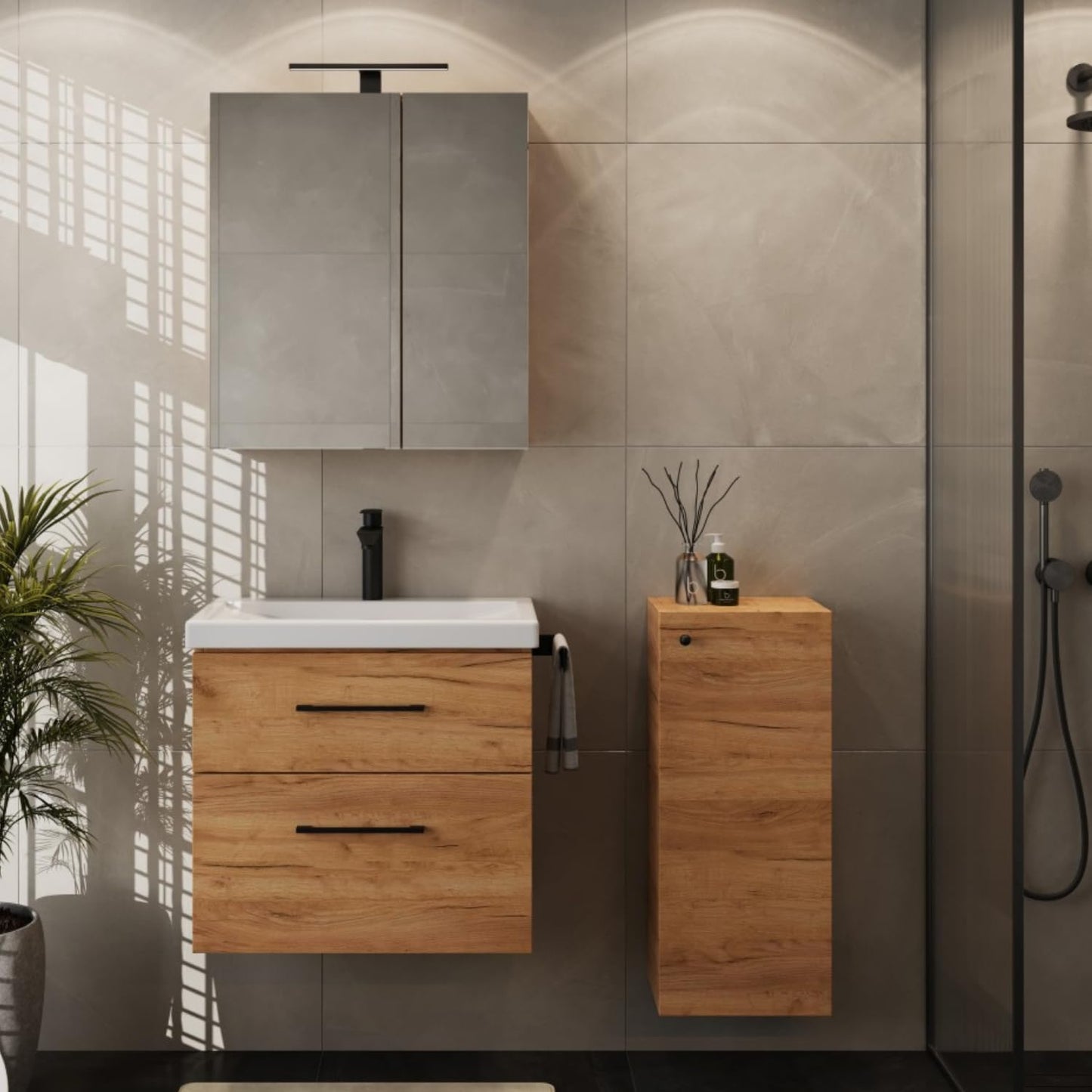 Planetmöbel Badmöbel Set 63 cm Anthrazit mit Keramik Waschbecken, Spiegelschrank 60 cm LED & Steckdose, Modern